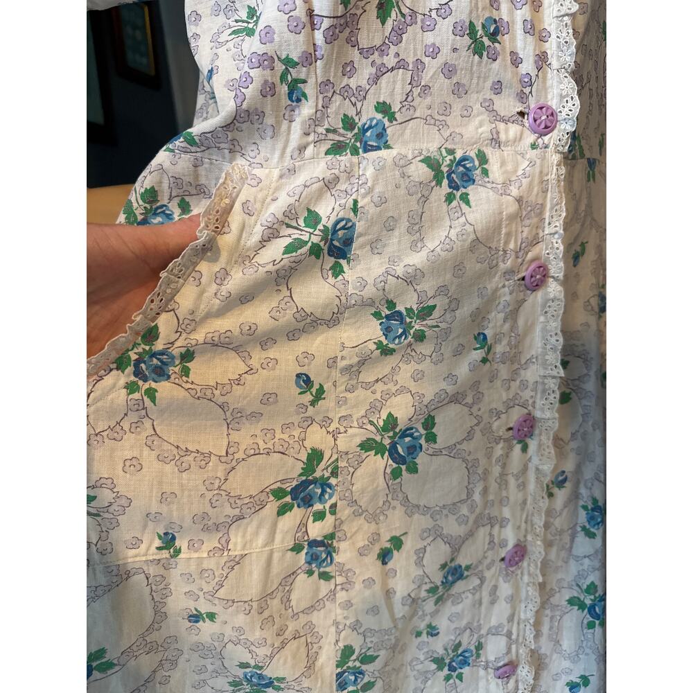 1950s Handmade Floral Day Dress Blue Rose Eyelet Trim Medium - Picture 15 of 16